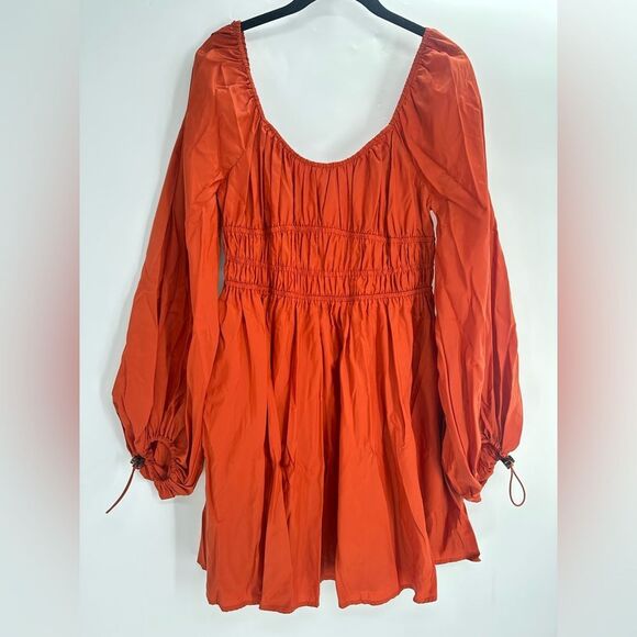 STAUD Bow Dress Smocked Waist Dress Size 8 Rust Long Sleeve Peasant Mini - Picture 4 of 10